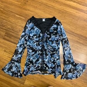 Venus Floral Mesh Top Womens Size Large Ruched Front Bell‎ Sleeve Blouse Black